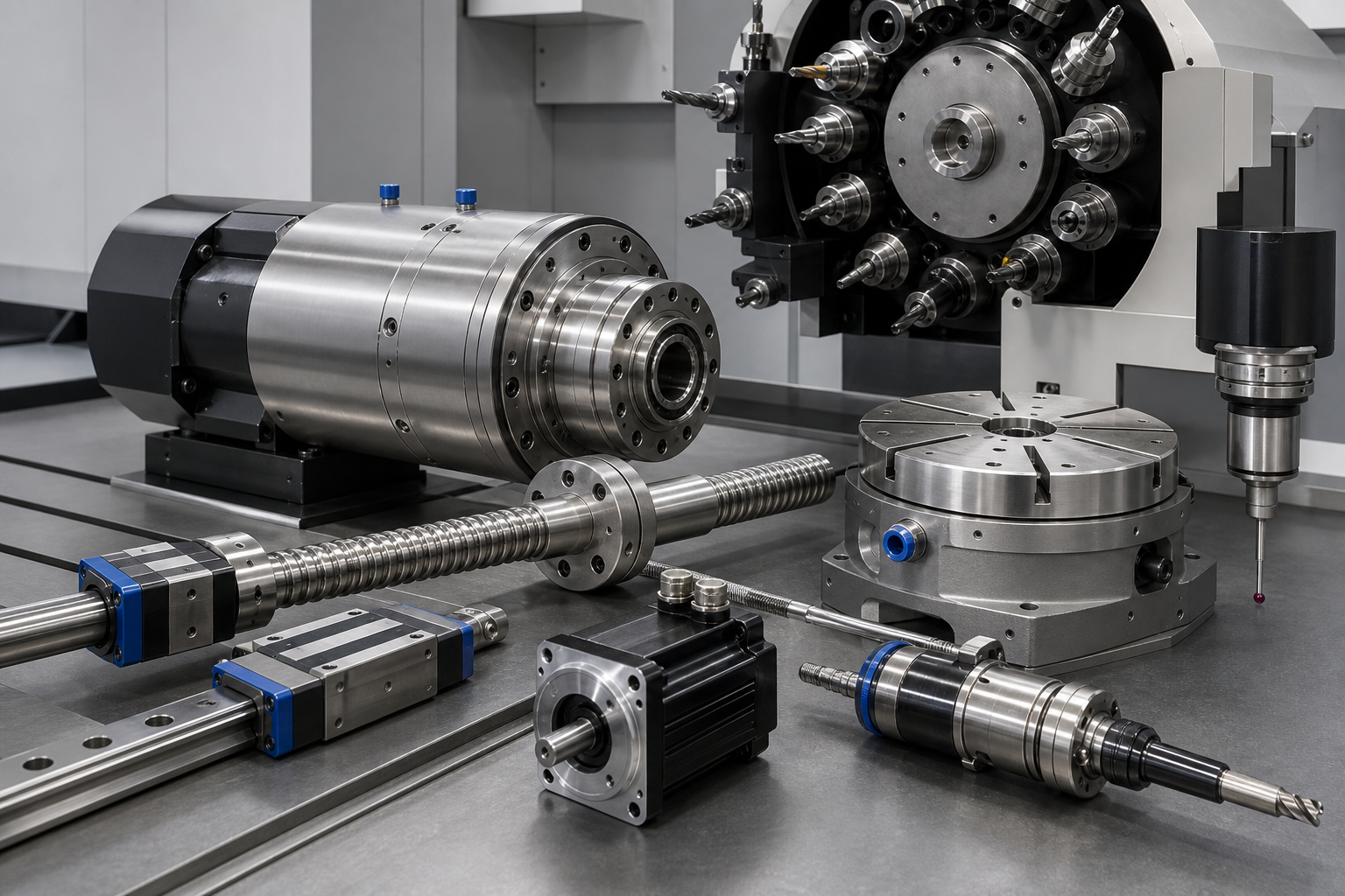 CNC spindle, ball screw, guideway, tool changer and configuration components